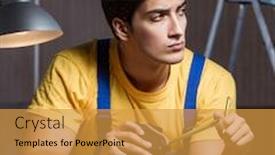  Presentation with woodworking - Amazing presentation design having worker working in repair workshop in woodworking concept backdrop and a gold colored foreground