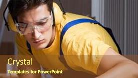  Presentation with woodworking - PPT theme featuring worker-working-in-repair-workshop background and a tawny brown colored foreground