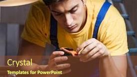  Presentation with woodworking - Colorful slide set enhanced with worker-working-in-repair-workshop backdrop and a tawny brown colored foreground