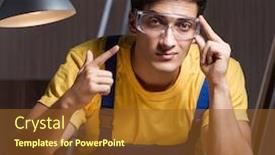  Presentation with woodworking - Presentation design featuring worker-working-in-repair-workshop background and a tawny brown colored foreground