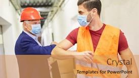  Presentation with face mask - Amazing PPT theme having workers-and-entrepreneurs-when-greeting backdrop and a yellow colored foreground