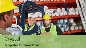  Presentation with warehouse logistics - Theme consisting of workers as a logistics team background and a mint green colored foreground