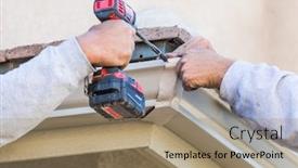  Presentation with gutter - PPT theme enhanced with workers-attaching-aluminum-rain-gutter background and a coral colored foreground