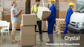  Presentation with cold storage warehouse - Presentation theme having workers carrying boxes in warehouse background and a  colored foreground
