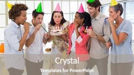  Presentation with office workers - Slide set enhanced with workers celebrating a birthday together background and a coral colored foreground