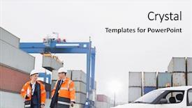  Presentation with shipping - Presentation theme consisting of workers conversing while walking in shipping yard background and a sky blue colored foreground