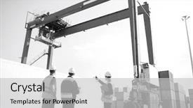  Presentation with shipping container - Colorful slide deck enhanced with workers discussing against large crane loading container at shipping yard backdrop and a light gray colored foreground