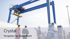  Presentation with shipping container - PPT theme with workers discussing against large crane loading container at shipping yard background and a lemonade colored foreground