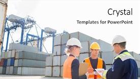  Presentation with shipping container grain gas - Cool new PPT layouts with workers discussing in shipping yard backdrop and a white colored foreground