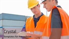  Presentation with shipping - Presentation theme enhanced with workers discussing over clipboard in shipping yard background and a red colored foreground