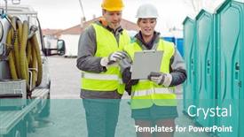  Presentation with logistics - PPT theme consisting of workers-doing-some-logistics background and a teal colored foreground