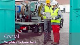  Presentation with logistics - Audience pleasing slide set consisting of workers-doing-some-logistics backdrop and a tawny brown colored foreground