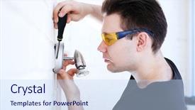  Presentation with electricity - Beautiful presentation theme featuring workers electricity - man worker installing lamp backdrop and a  colored foreground