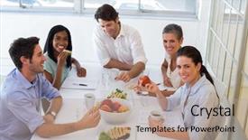  Presentation with work happy hour - Presentation design consisting of workers enjoying sandwiches for lunch background and a coral colored foreground