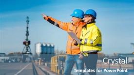  Presentation with river port - PPT layouts with workers-in-a-commercial-river background and a teal colored foreground