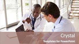  Presentation with healthcare workers - PPT layouts having workers in consultation using laptop background and a coral colored foreground