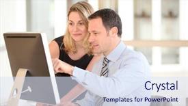  Presentation with office management - Presentation design enhanced with workers in front of computer background and a  colored foreground