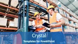  Presentation with logistics warehouse - Beautiful presentation theme featuring workers in logistics warehouse backdrop and a ocean colored foreground