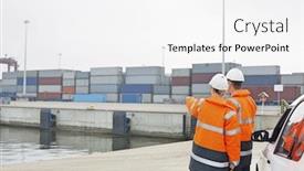 Presentation with shipping - Theme featuring workers in protective clothing examining cargo in shipping yard background and a white colored foreground