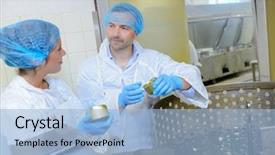  Presentation with factory workers - Beautiful slides featuring workers in the canning factory backdrop and a light blue colored foreground