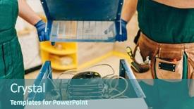  Presentation with refrigerator - PPT theme consisting of workers in uniform removes cover background and a ocean colored foreground