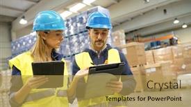  Presentation with merchandise - PPT theme having workers-in-warehouse-controlling-incoming background and a yellow colored foreground