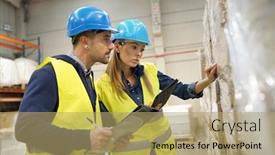  Presentation with merchandise - Presentation design featuring workers-in-warehouse-controlling-incoming background and a coral colored foreground