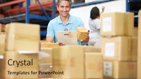  Presentation with dispatch - Beautiful presentation featuring workers in warehouse preparing goods backdrop and a yellow colored foreground
