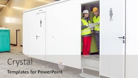  Presentation with covid19 and healthcare workers - Cool new presentation design with workers-inspecting-a-restroom-trailer backdrop and a light gray colored foreground