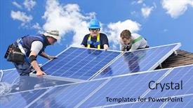  Presentation with renewable energy - Colorful PPT layouts enhanced with workers installing alternative energy photovoltaic backdrop and a light blue colored foreground