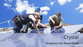  Presentation with alternative energy - Presentation theme with workers installing alternative energy photovoltaic background and a light blue colored foreground