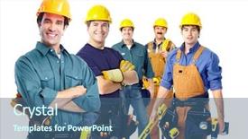  Presentation with industrial workers - Colorful PPT theme enhanced with workers isolated over white background backdrop and a ocean colored foreground