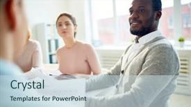  Presentation with global team workers - Amazing presentation design having workers listening to their superior backdrop and a sky blue colored foreground