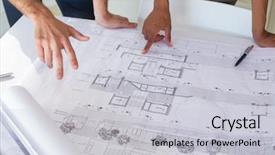  Presentation with office workers - Colorful presentation enhanced with workers looking at important blueprints backdrop and a  colored foreground