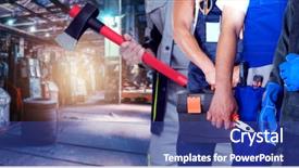  Presentation with industrial zone - Cool new PPT theme with workers on industrial zone background backdrop and a ocean colored foreground