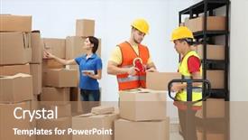  Presentation with warehouse cartoon - Beautiful theme featuring workers packing parcels at warehouse backdrop and a  colored foreground