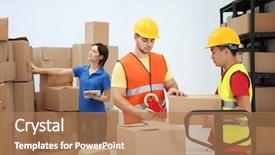  Presentation with warehouse cartoon - Cool new PPT layouts with workers packing parcels at warehouse backdrop and a  colored foreground