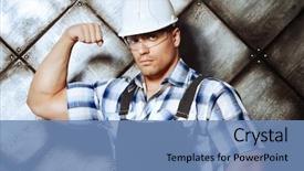  Presentation with worker - Slide set enhanced with workers power - handsome muscular costruction worker wearing background and a teal colored foreground