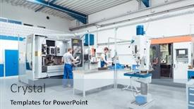  Presentation with industrial workers - PPT theme enhanced with workers-producing-industrial-appliances background and a light blue colored foreground