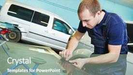  Presentation with garage car - Slides featuring workers replacement - automobile glazier adding glue background and a gray colored foreground