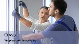  Presentation with house window - Cool new PPT theme with workers replacement - construction worker with trainee installing backdrop and a teal colored foreground