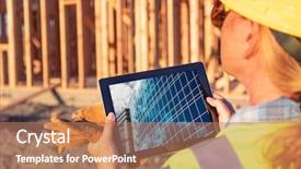  Presentation with building - Amazing presentation theme having workers reviewing building on computer backdrop and a coral colored foreground