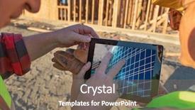  Presentation with female - Audience pleasing PPT theme consisting of workers reviewing building on computer backdrop and a coral colored foreground