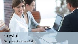  Presentation with office desk reception - Amazing theme having workers sitting behind a desk backdrop and a light blue colored foreground