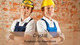  Presentation with war - Beautiful theme featuring workers standing in a constrcution backdrop and a coral colored foreground