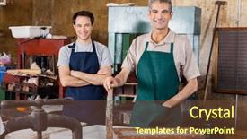  Presentation with factory workers - Slide set featuring workers standing together in paper background and a tawny brown colored foreground