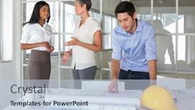  Presentation with office workers - Slide set consisting of workers talking and looking over plans in the office background and a light blue colored foreground