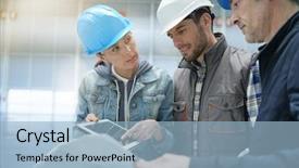  Presentation with global team workers - PPT theme having workers talking in empty warehouse background and a light blue colored foreground