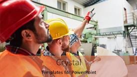  Presentation with factory workers - Presentation design enhanced with workers-team-and-architect background and a red colored foreground
