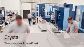  Presentation with workshop - Cool new presentation design with workers using cnc machinery backdrop and a light gray colored foreground